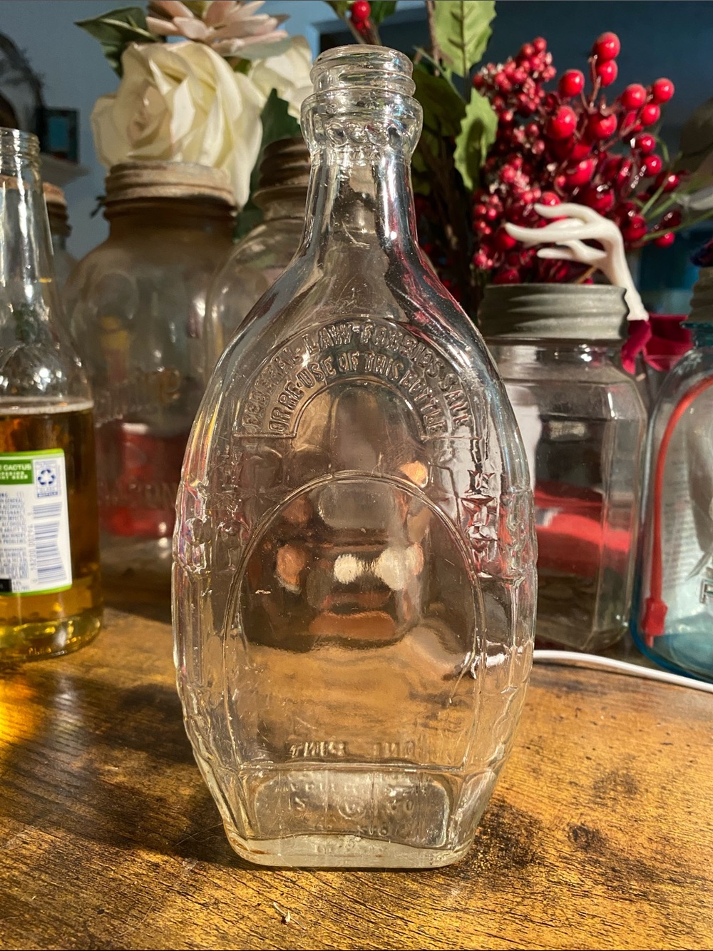 1940 clear Embossed Glass Bottle - Vintage barrel style